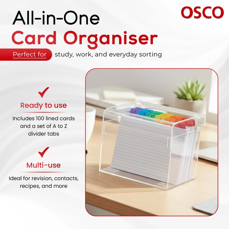 OSCO Clear Acrylic Index Box, Large, A to Z Divider Tabs, 100 Lined Note Cards, 7" x 5", Ruled Revision Flash Cards, Recipe Notes, Office Contact Filing, Desktop Organiser, 177 x 127 mm - Image 4